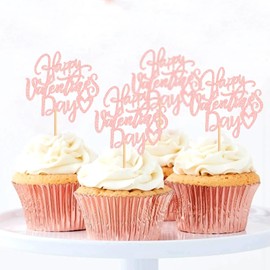 Keaziu - Paquete de 24 adornos para magdalenas de San Valentín, color rosa para decoración de pasteles, San Valentín, boda, fiesta, suministros de día festivo, color rosa 2