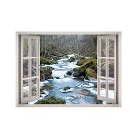 Rock River Landscape Window 3D Wall Decal Art Removable Wallpaper Mural Sticker Vinyl Home Decor West Mountain™ W57 (Medium (32''W x 23''H))
