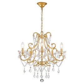Crystal Chandelier, 5-Light Gold Chandelier for Dining Room Light Fixture, K9 Crystal Pendant Ceiling Light Fixture, Modern Candle Chandelier for Living Room Kitchen Island Entryway Bedroom