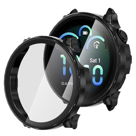 Suoman 2 Pack for Garmin vivoactive 6 Smartwatch Case, Tempered Glass Screen Protector, All-coverage PC Protective Cover Bumper -Black