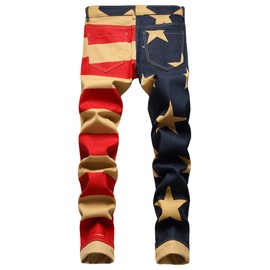 Kengue Men's Casual Skinny Pants USA Flag Printed Denim Jeans Pants,3274 Khaki,Size 34