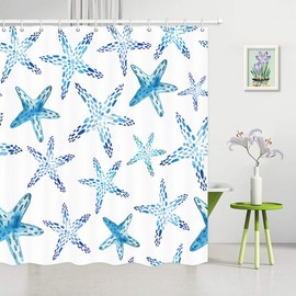 JAWO Cute Starfish Shower Curtains for Bathroom, Watercolor Starfishes Sea Life Marine Culture Fabric Shower Curtain 69 X 70 Inches Blue White