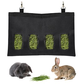 Rabbit Hay Feeder - Large Capacity Oxford Cloth Hanging Hay Bag - 4 Holes - 1 Pcs (Black)