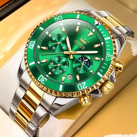 OLEVS Watches for Men Business Dress Big Face Classic Analog Quartz Green Chronograph Multifunction Stainless Steel Calendar Waterproof Luminous Mens Wrist Watches