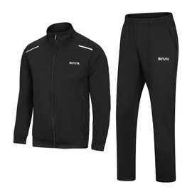 BUYJYA Men's Sweatsuits Tracksuits Set Sports Full Zip Casual Jackets Pants Jogging Gym Clothing, Black 2 Piece, Large