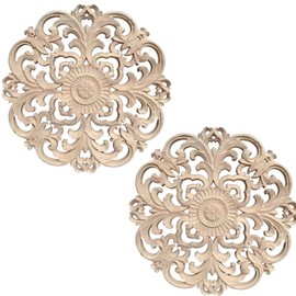 Keboyoe Pack of 2 Round Wood Carving Ornaments, Carving Ornaments, Applique Wood Applique Ornament, Unfinished Round Wooden Ornament for Furniture, Cabinet, Door, Window, Wall Decoration, 20 cm