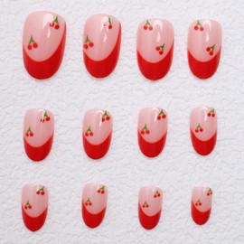 French Press on Nails Short Almond Shaped False Nails with Cherry Design Glossy Acrylic Nails Reusable Stick on Nails for Women's Daily Wear French Fake Nails with Nail Glue in 24 Pcs