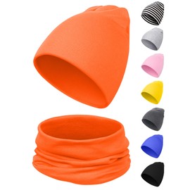 Kiiwah Children's Beanie Hat and Loop Scarf Set, Soft Cotton Warm Knitted Hats and Scarves for Baby Autumn Winter Spring, orange