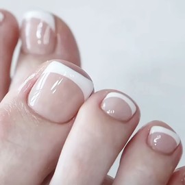 French Tip Press on Toenails, Short Fake Toenails White Square Toenails Tips Design Full Cover Acrylic Toenails Exquisite Glossy Artificial Toenails Summer Naked Color False Toe Nails for Women