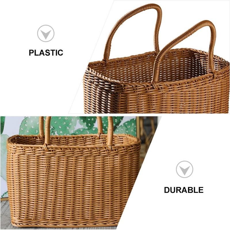 Sewroro Picnic Basket with Handles Handmade Plastic Woven Basket Multifunctional