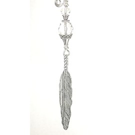 Long, Detailed Silvery Feather with Reflective Faceted Crystal Clear Glass Ceiling Fan Pull/Light Pull Chain