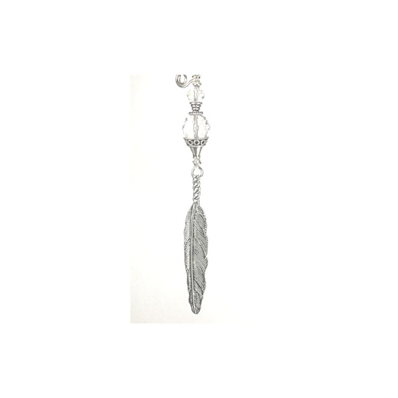 Long, Detailed Silvery Feather with Reflective Faceted Crystal Clear Glass