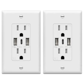 TOPGREENER USB Outlet, 3-Port Type C 3.6A 18W Wall Outlet, 15 Amp Receptacle, Charging Power Outlet with USB Ports, Compatible with iPhone 16 Series & More, UL Listed, TU21536AC3-2PCS, White, 2 Pack