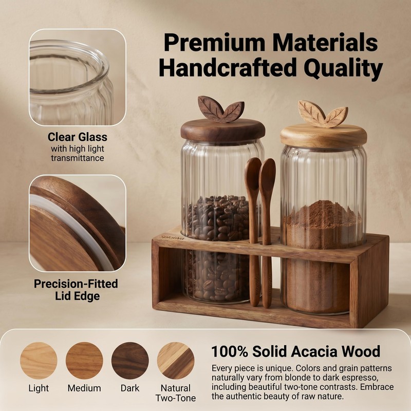 Glass Coffee Canister Set of 2 with Acacia Wood Lids
