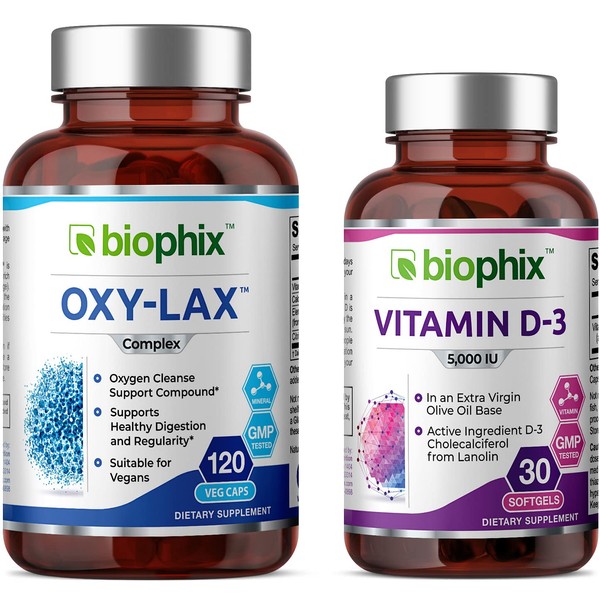 biophix Oxy-Lax 750 mg 120 Vcaps - Free Vitamin D-3 5000 IU 30 Softgels - Natural Magnesium Oxide Oxygen Based Colon Cleanse Gentle Laxative Supports Healthy Digestive Tract Regularity
