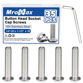 35Pcs 1/4"-20 x 1-1/2" Button Head Socket Cap Screws, 304 Stainless Steel 18-8, Fully Machine Thread, Bright Finish, with Hex Spanner, Replacement Screws for Furniture and DIY
