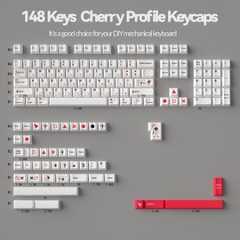 mintcaps Keycaps, 148 Keys White Red Custom Keycap, Cherry Profile Dye Sublimated PBT Keycap Set Suitable for 65% 70% 75% 100% Cherry Gateron Mx Switches Mechanical Keyboard