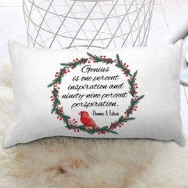 luckluccy Throw Pillowcase Genius is One Percent Inspiration Cushion Cases Red Bird Flower Wreath 20x30in Lettering Saying Decorative Pillow Home Cotton Linen Artistic Lumbar Pillowcases for Sofa