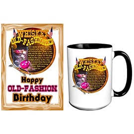 ValxArt Happy Old Fashion Cocktail Birthday Recipe Greeting Card + Large 15 OZ Cup with Black Handle and Inside