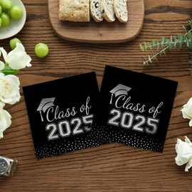 Horaldaily 100 Class of 2025 Graduation Disposable Cocktail Paper Decorative Luncheon Napkins, Black and Sliver Foil Dots College High School Grad Celebration Hand Towel Party Lunch Kitchen Bathroom