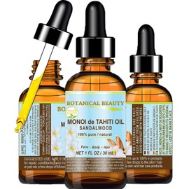 Botanical Beauty MONOI de TAHITI OIL SANDALWOOD 100% Pure. 1 Fl.oz - 30 ml. For Skin, Face, Hair and Nail Care.