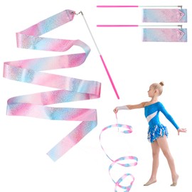 nllkii 2 Pcs Flashing Dance Ribbons with Pink Wand, 78.7 Inch Gymnastics Ribbon Dancer Wand Dancing Ribbon Streamers for Kids, for Talent shows, Artistic Dancing, Baton Twirling