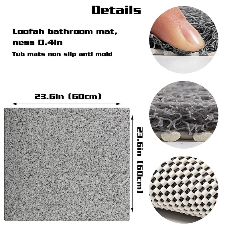 Square Shower Mats for Inside Shower 60x60cm, Loofah Shower Mat