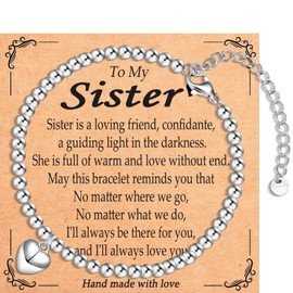 EYQV Sister Gifts, Heart Pendant Bracelet Sister Gifts from Sister Brother, Best Sister Christmas Gifts Graduation Birthday Gifts, Stocking Fillers for Women Teenage Girls