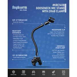 Angksorm KBC1458 Heavy-Duty Flexible Gooseneck Mic Arm with Super Crab Clamp Mount, 13" Adjustable Microphone Stand Holder for Tripod Podcast, Streaming, Gaming, DJs, Bass Drum, Lectures