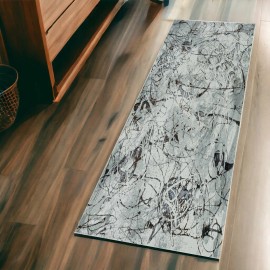 Homeroots 7' Ivory Grey Machine Woven Abstract Vermicular Indoor Runner Rug