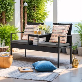 Devoko Patio Conversation Sets Outdoor Loveseat with Built-in Table & Cushions Wicker Patio Furniture Porch Chairs Bench for Lawn, Backyard, Balcony (Grey)