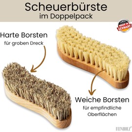 FEINHOLZ® Set of 2 scrubbing brushes with natural bristles, hard and soft, plastic-free, made in Germany, carpet brush, root brush, scrubber brush, cleaning brushes, scrubber natural bristles, brush
