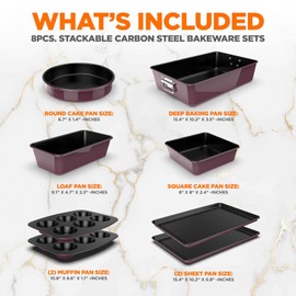 NutriChef NutriChef 8-Piece Nonstick Stackable Bakeware Set - PFOA, PFOS, PTFE Free Baking Tray Set w/Non-Stick Coating, 450F Oven Safe, Round Cake, Loaf, Muffin, Wide/Square Pans, Cookie Sheet (Plum)