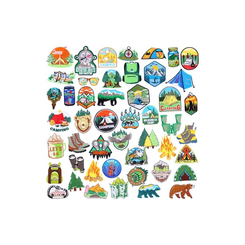 48 Camping Themed Iron-On Patches for DIY Crafts