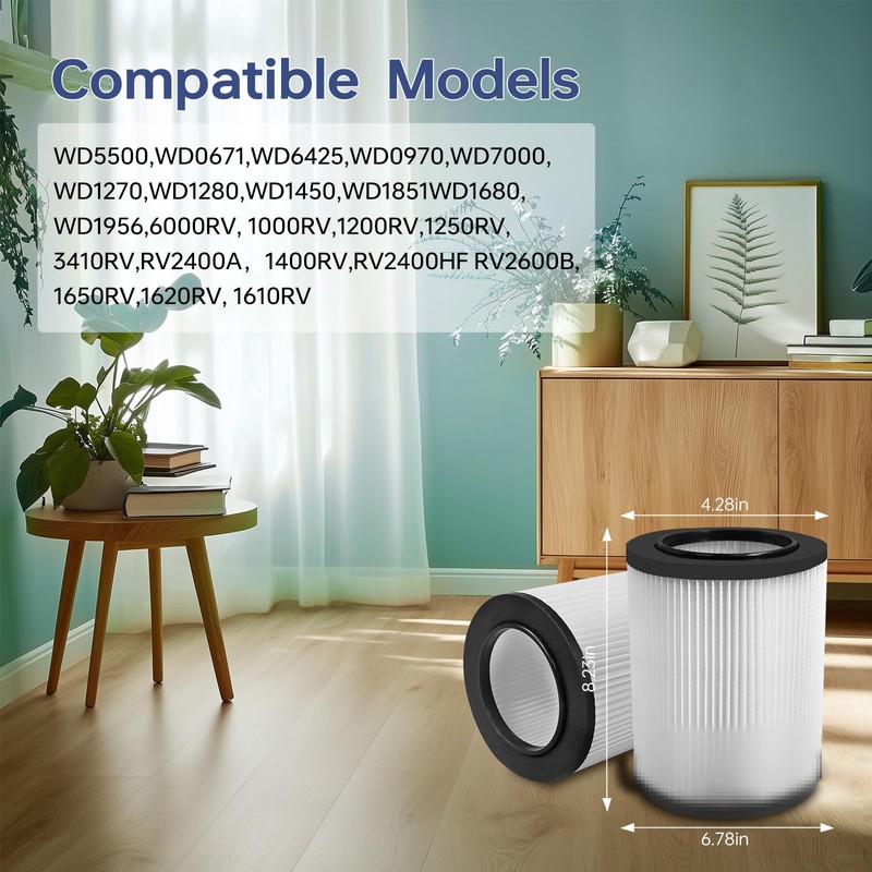 2 Pack Standard VF4000 Replacement Wet/Dry Vacuum Filter, Compatible with