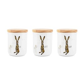 Purely Home Small Ceramic Storage Canister Set - Set of 3 Three Hares And Dandelions Tea Coffee Sugar Ceramic Small Sized Kitchen Food Storage Container 400ml (11cm x 9cm)