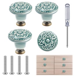 4 Pcs Ceramic Drawer Knobs, Vintage Flower Cabinet Knobs with Phillips Screwdriver, Handmade Embossed Door Knob Set Furniture Handle Cupboard Handle Cupboard Door Pulls, Diameter 1.4 inch (Green)