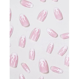 False Nails 24pcs Press On Nail incl. 1 sheet tape (White Flame Tip Pink Med. Coffin), Pink,White