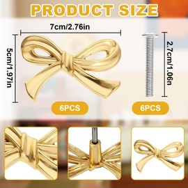 Orizizhic 6 Pcs Gold Bow Drawer Knobs Set，Bow Shape Cabinets Knobs Brass Drawer Pulls with Screw Cabinet Handles for Dresser Kitchen Home Cabinets Bedroom Cupboard