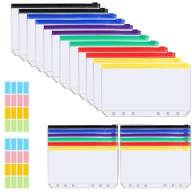 24 Stück A5 Binder Taschen, 6-Loch Klarsichthüllen Ringbuch mit 32 Etikettenaufkleber, Wasserdicht Bindertaschen mit Reißverschluss für Dateien Dokumente Notizbücher Karten