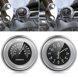 Riloer Motorcycle Handlebar Thermometer and Clock Kit, Waterproof Dustproof Universal Motorbike Chrome Clock Temp with Black Dial for 7/8 Inch Handle