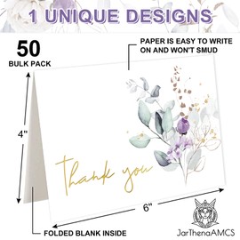 JarThenaAMCS 50 Pack Greenery Floral Thank You Cards Boxed Purple Flower Greeting Cards with Envelope Sticker Gold Foil Blank Note Card for Wedding Bridal Baby Shower Birthday, 4 x 6 Inch
