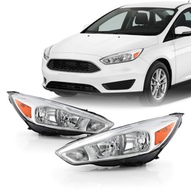 AKKON - Fits 2015 2016 2017 2018 Ford Focus Halogen Type Chrome Headlights w/LED DRL Tube Pair Driver Left + Passenger Right
