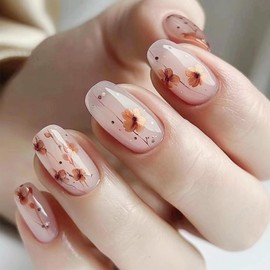 Winter Flower Press on Nails Glossy Brown Flower Acrylic Fake Nails 24Pcs Black Curve Line False Nails Flower Gel Glue on Nails for Manicure Flower Stick on Short Square Nails for Coquette Women Girls