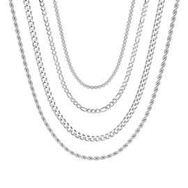 CASSIECA 4pcs Stainless Steel Chain Necklace for Men Women Silver Rope Chain for Pendant Cuban Link Chain Figaro Rolo Necklace Set, Stainless Steel