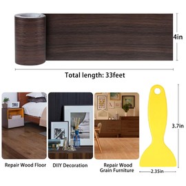 4" X33' Size Realistic Wood Grain Repair Tape, Self Adhesive Wood Grain Repair Patch for Tables, Chairs, Doors, Windows, Floors, Furniture Renovation, Handicraft DIY. With Plastic Scraper. Dark Brown