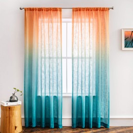 Melodieux Linen Textured Ombre Semi Sheer Curtains 96 Inches Long for Living Room Bedroom Sunset Rod Pocket Gradient Drapes, Orange Teal Green Turquoise Mint, 52 x 96 Inch (2 Panels)