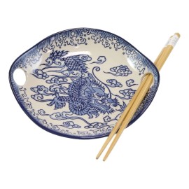 Ebros Gift Blue Feng Shui Dragon Small Appetizer Coupe Plate Flat Bowl With Chopsticks Set