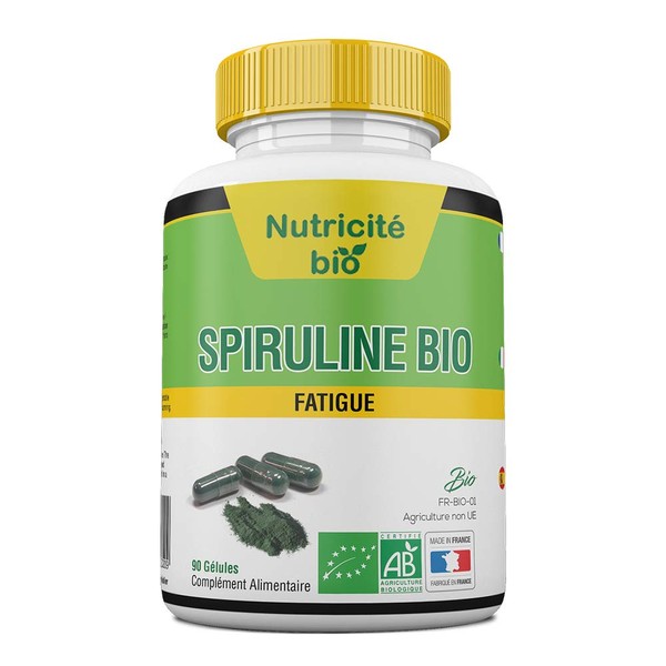 Spiruline bio 90 Gélules végétales - Qualité française - Réduit la fatigue - Riche en fer - Garantie 100% Bio - Pour stimuler le système immunitaire et réduire la fatigue
