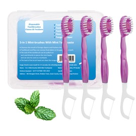 Malisseladi 5 in 1 Mini Brushes-Disposable Toothbrushes with Toothpaste + Floss + Pick + Tongue Scraper | Travel Size | Individually Wrapped | Soft | Mint | Travel Set (Cherry, 10pcs)